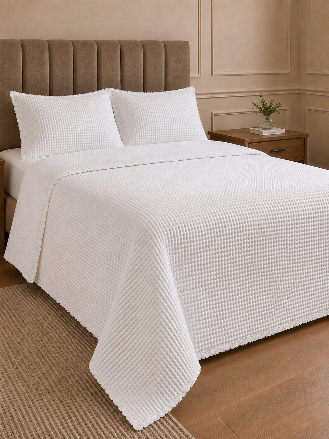 Off White | Casal, Queen | Cobre-leito matelassê off white na cama de casal