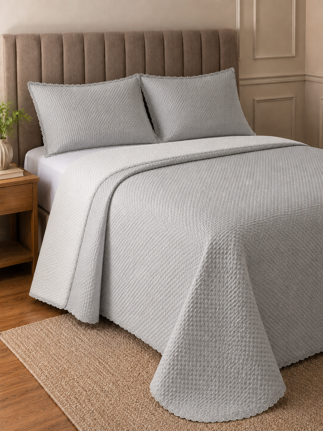 Cobre-leito matelassê cinza claro com verso branco na cama de casal